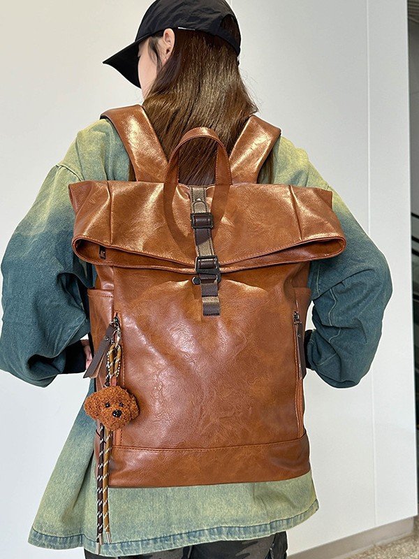 Leather Work Rucksack - Europäisch-Amerikanischer Vintage-Rolltop-Rucksack aus PU-Leder mit mehreren
