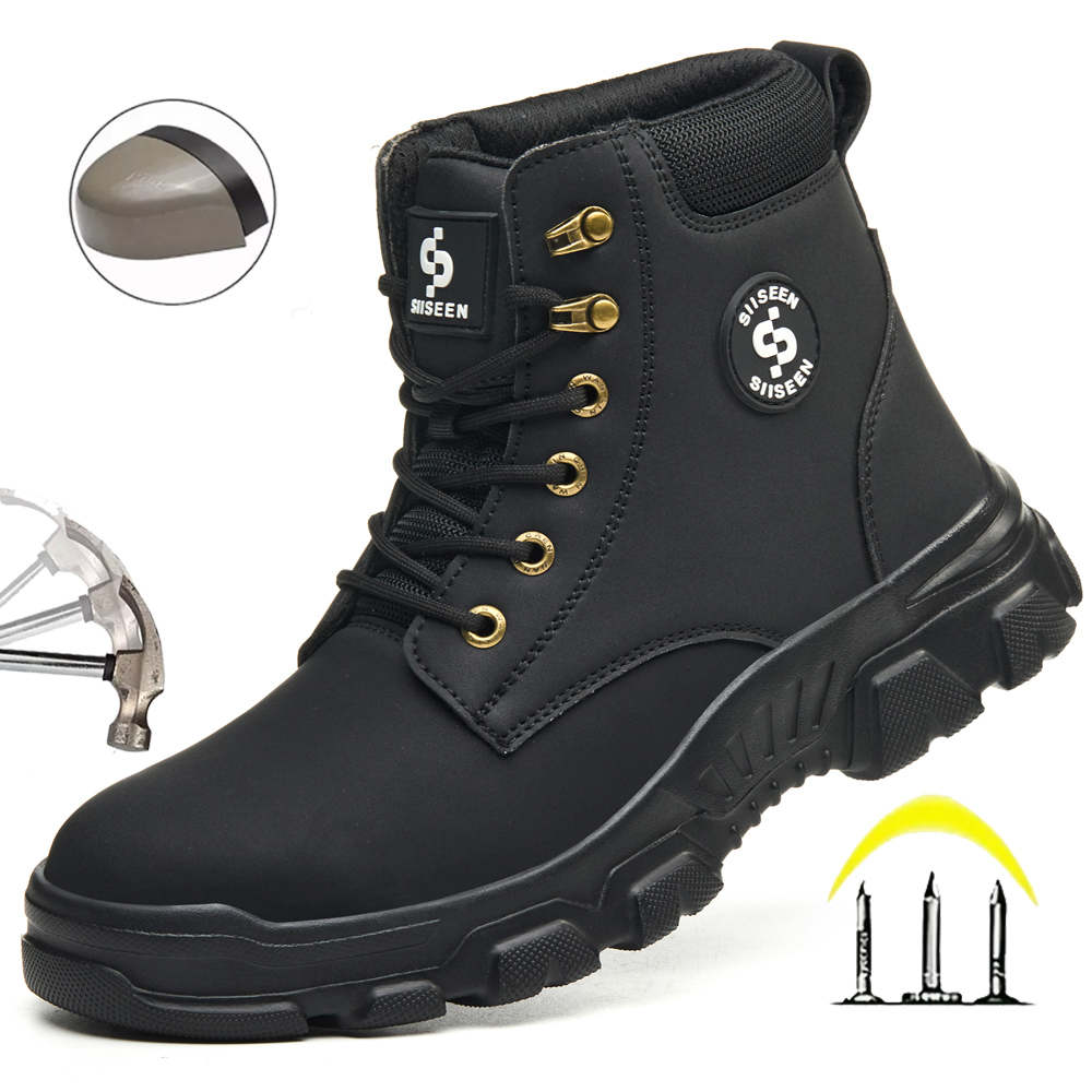 Leather Work Factory - Herren-Sicherheitsschuhe, Stahlkappe, bruchsicher, leichte Arbeitsstiefel, mittelhoher