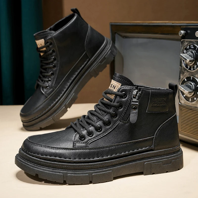 Leatherwork Designs - Retro-Design-Stiefeletten für Herren, Herbst-Winter-Plattform-Stiefeletten, Herren-Lederstiefel, bequeme,