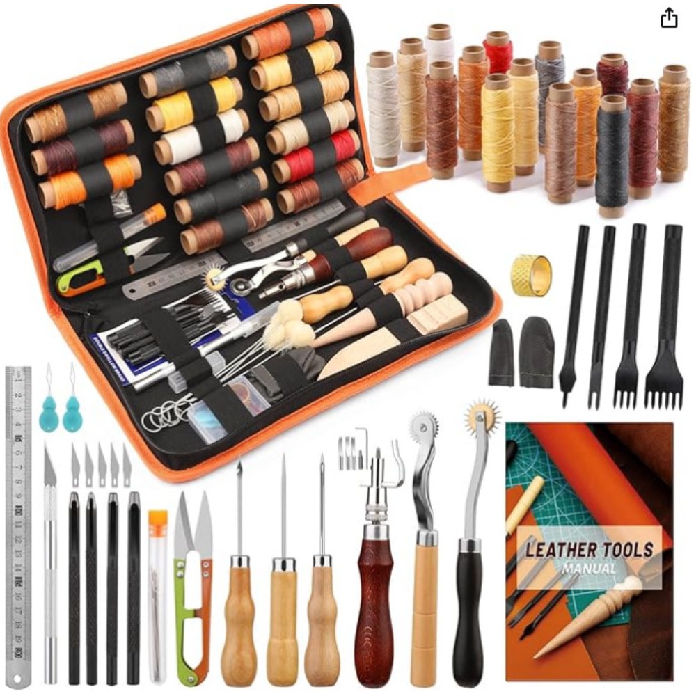 Leatherwork Beginner Tools - Leder-Arbeitswerkzeuge, praktisches Leder-Bastelset mit gewachstem Faden,