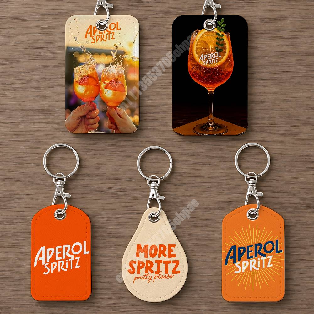 Leatherwork Keychain - Orangefarbener Prosecco A-Aperol S-Spritz Leder-Schlüsselanhänger Kartenhalter